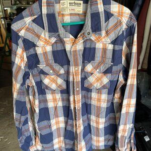 Urban Pipeline Shirt XL Plaid Long Sleeve Western Pearl Snap Flannel Pocket